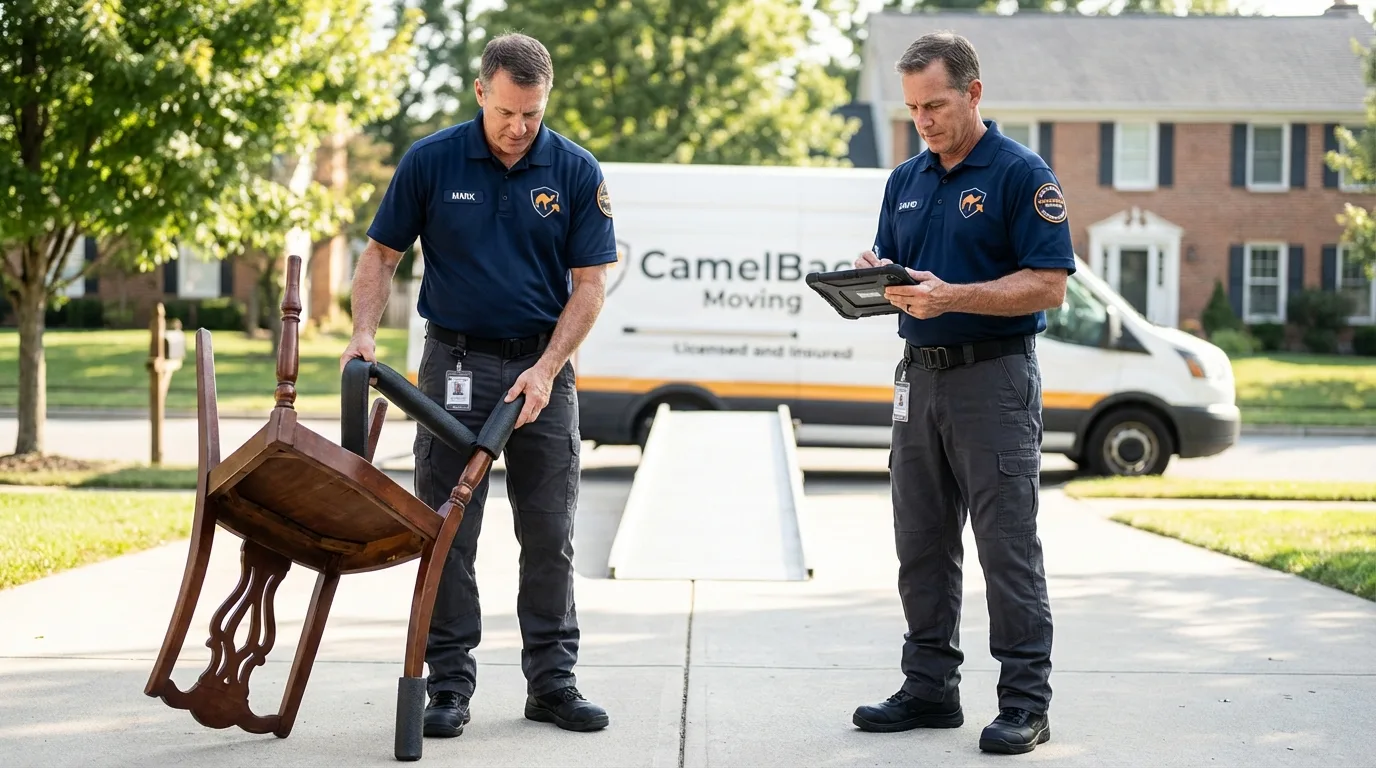 Movers inspecting furniture for damage prevention before loading in Palo Cedro, CA